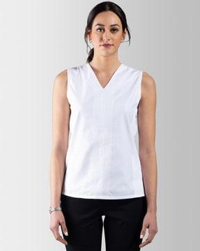 sleeveless v-neck top with pintucks