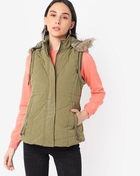 sleeveless zip-front jacket with detachable fur-lined hood