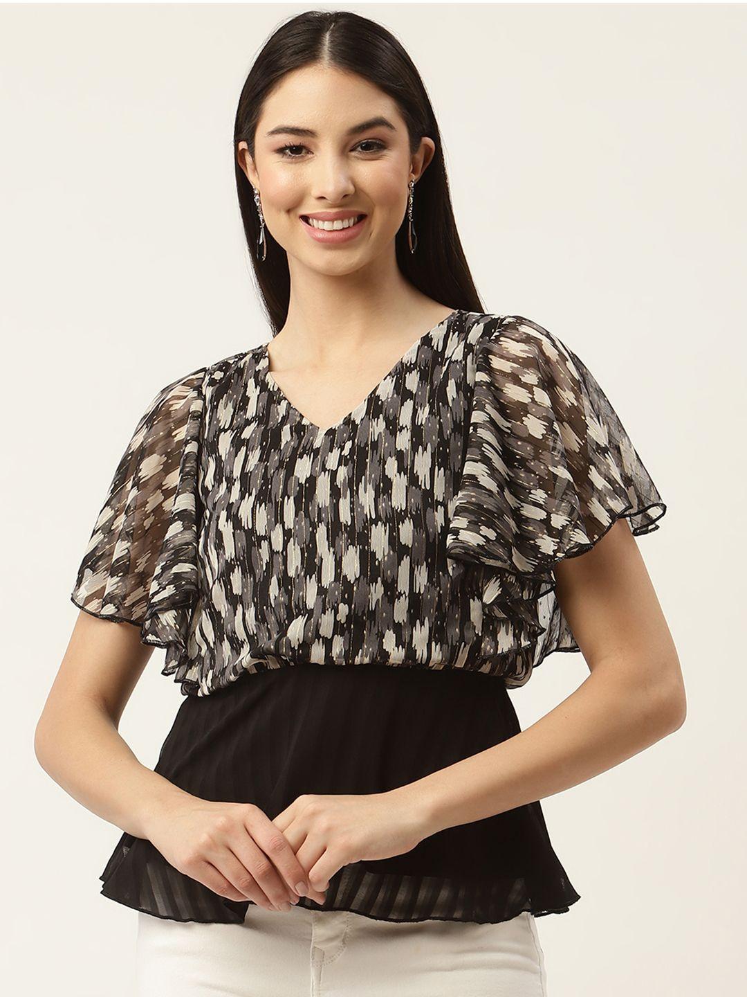 slenor black & grey print georgette peplum top