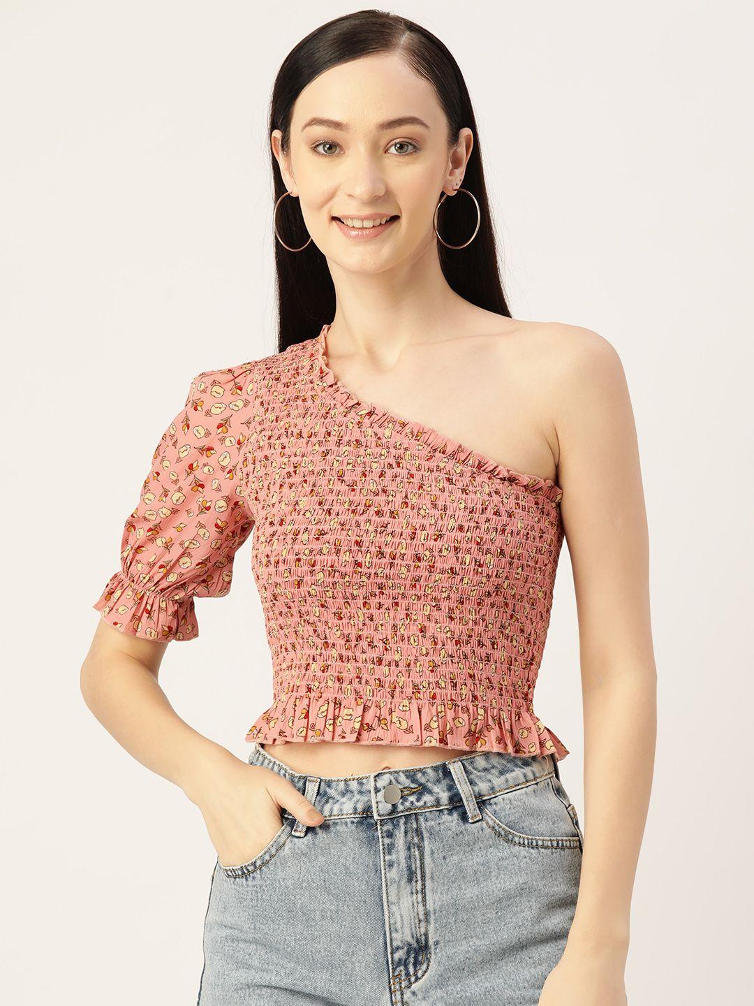 slenor floral print smocked one shoulder crepe top