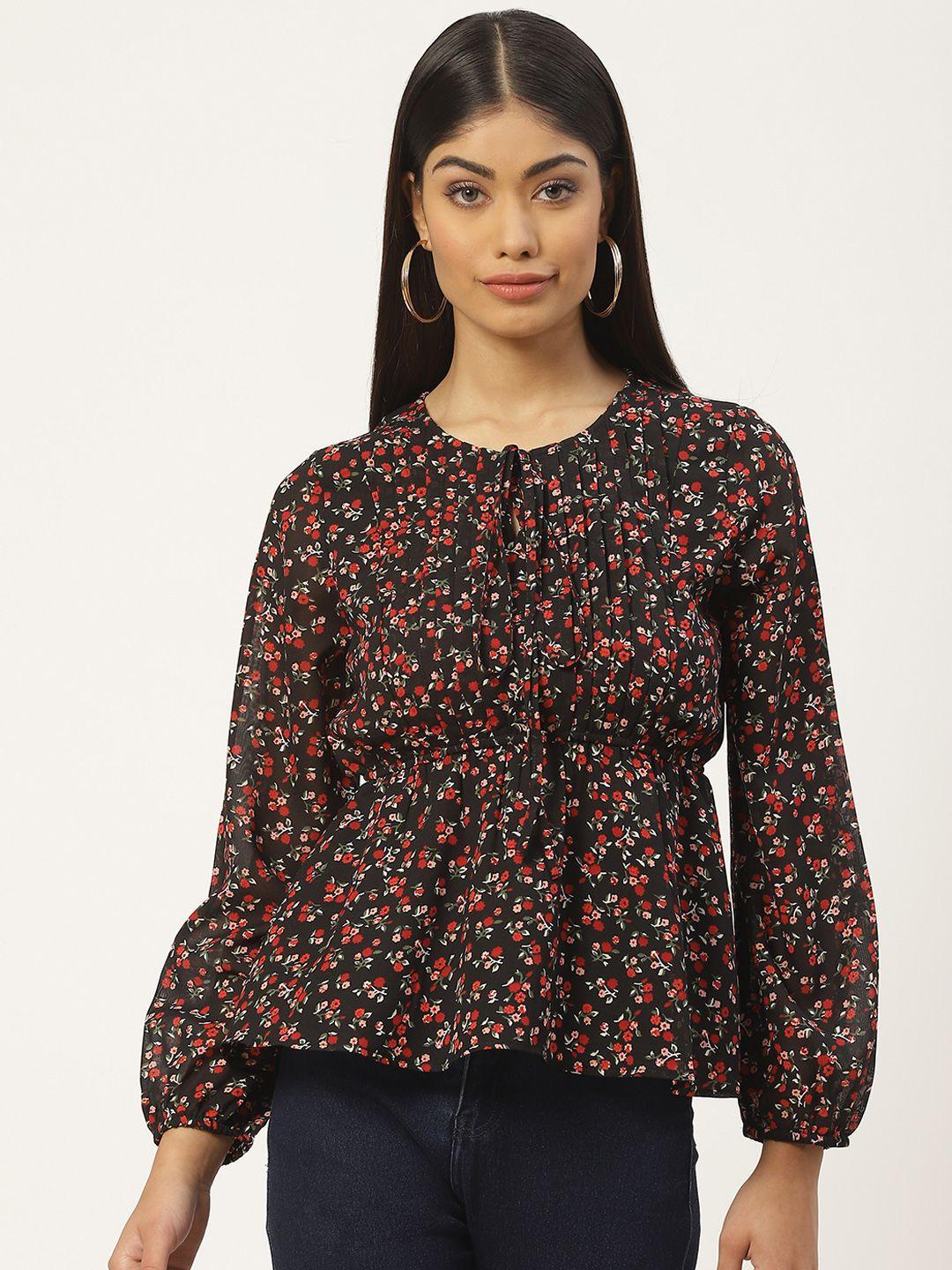 slenor floral print tie-up neck georgette peplum top