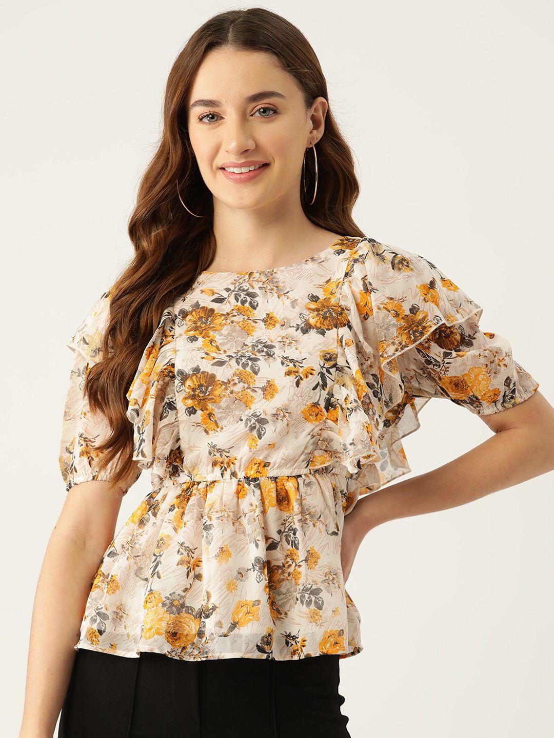 slenor floral printed flared sleeve crepe peplum top