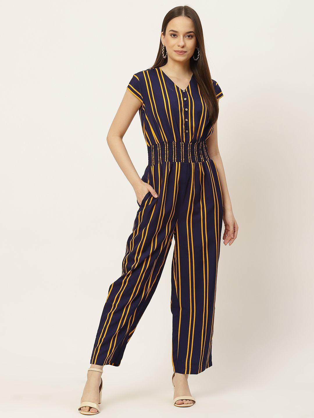 slenor navy blue & yellow smocked striped basic jumpsuit