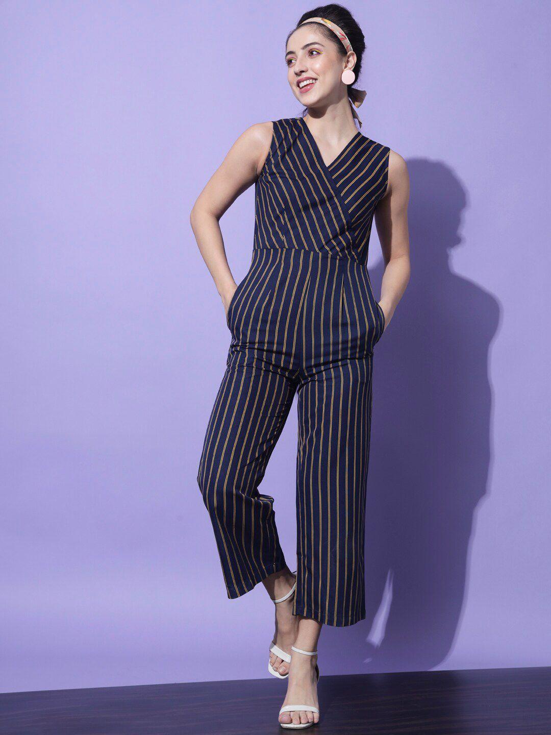 slenor navy blue & yellow striped basic jumpsuit