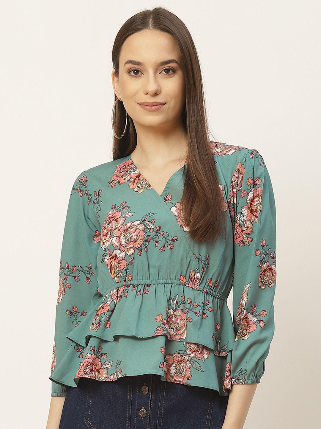 slenor teal & multicoloured floral layered crepe peplum top