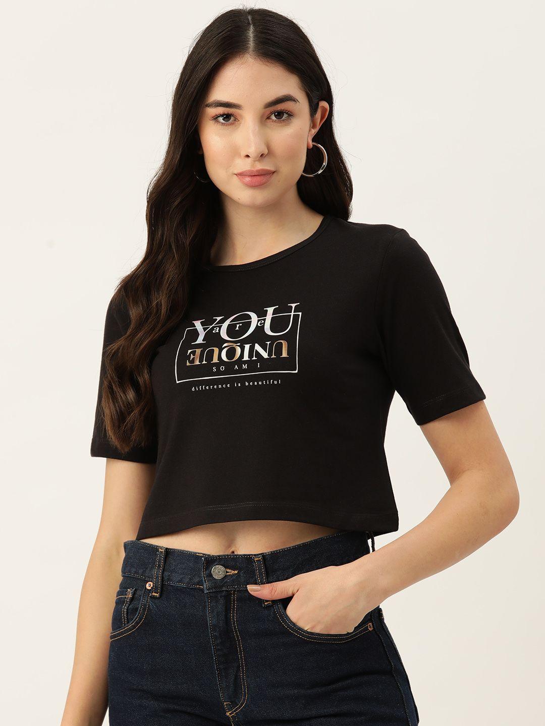 slenor women black printed pure cotton t-shirt