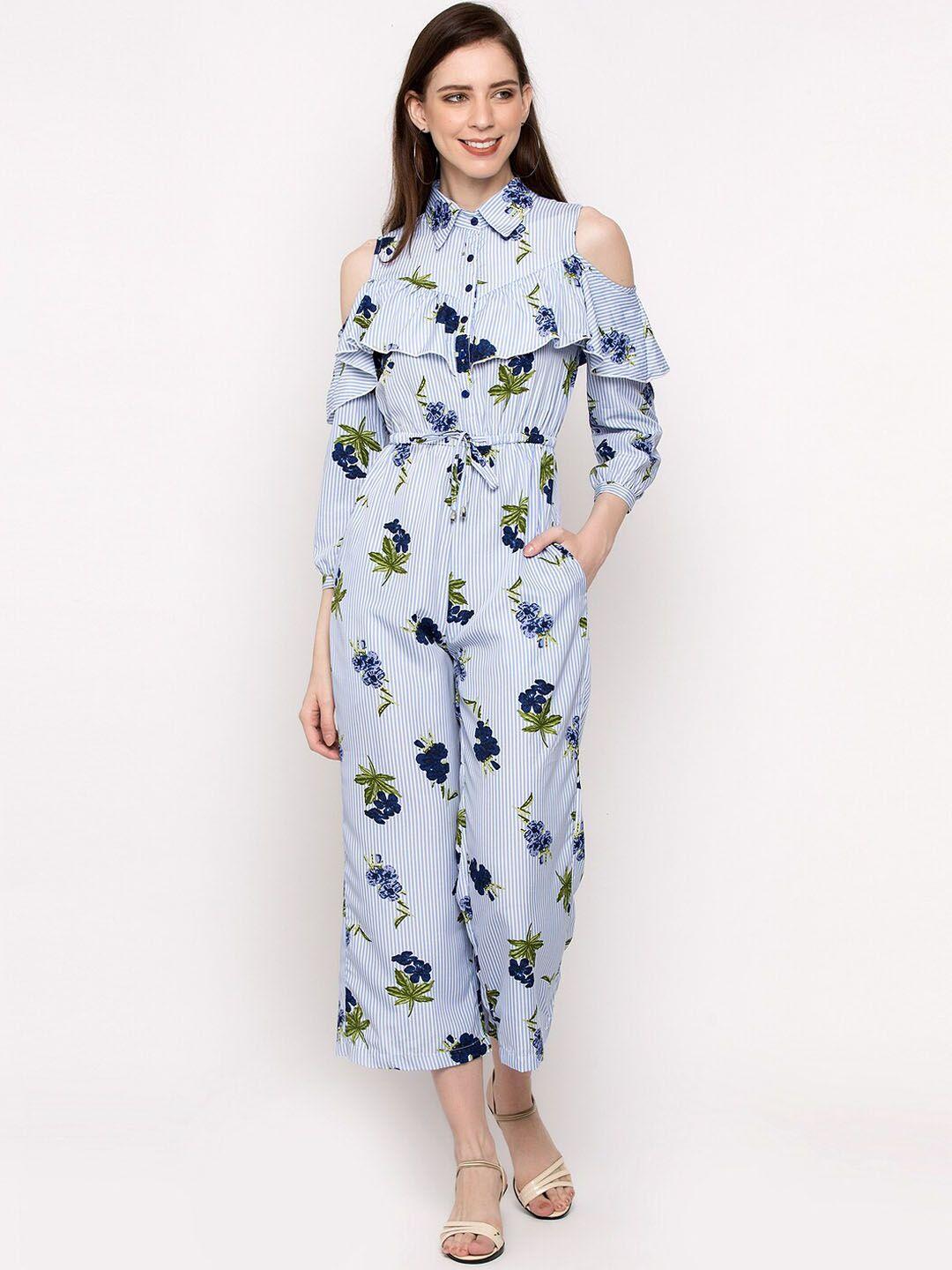 slenor women blue & green printed basic jumpsuit