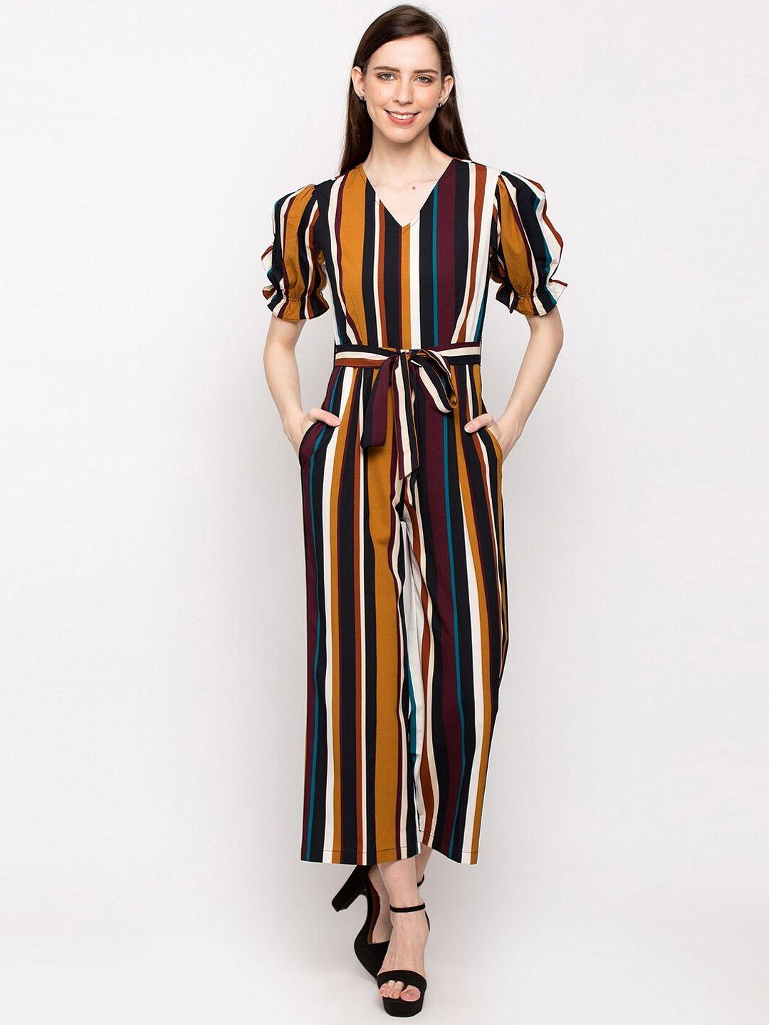 slenor women brown & black striped basic jumpsuit