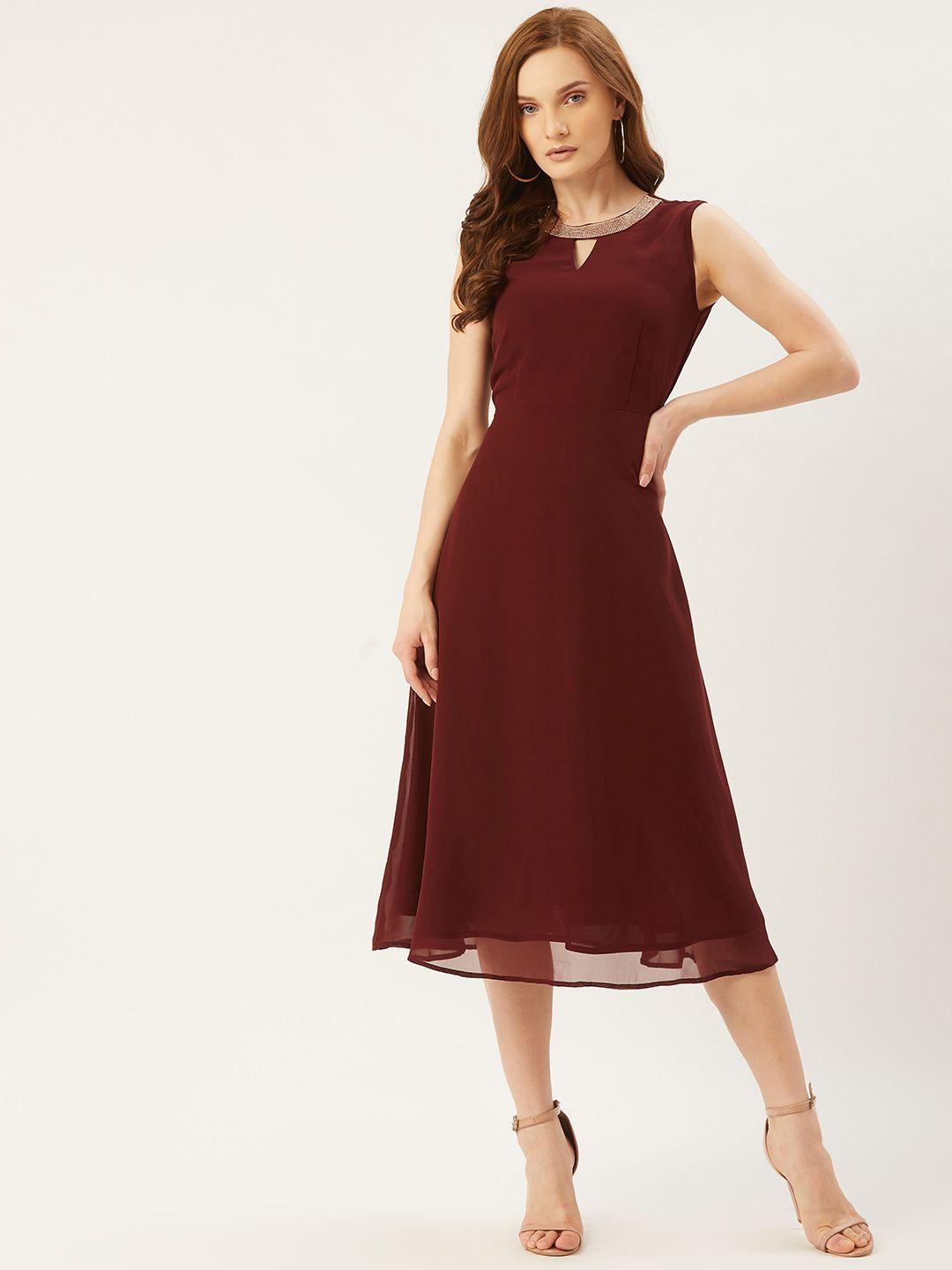 slenor women burgundy solid a-line dress with jewel neck