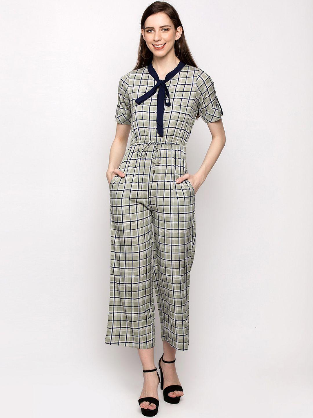 slenor women green & navy blue checked basic jumpsuit