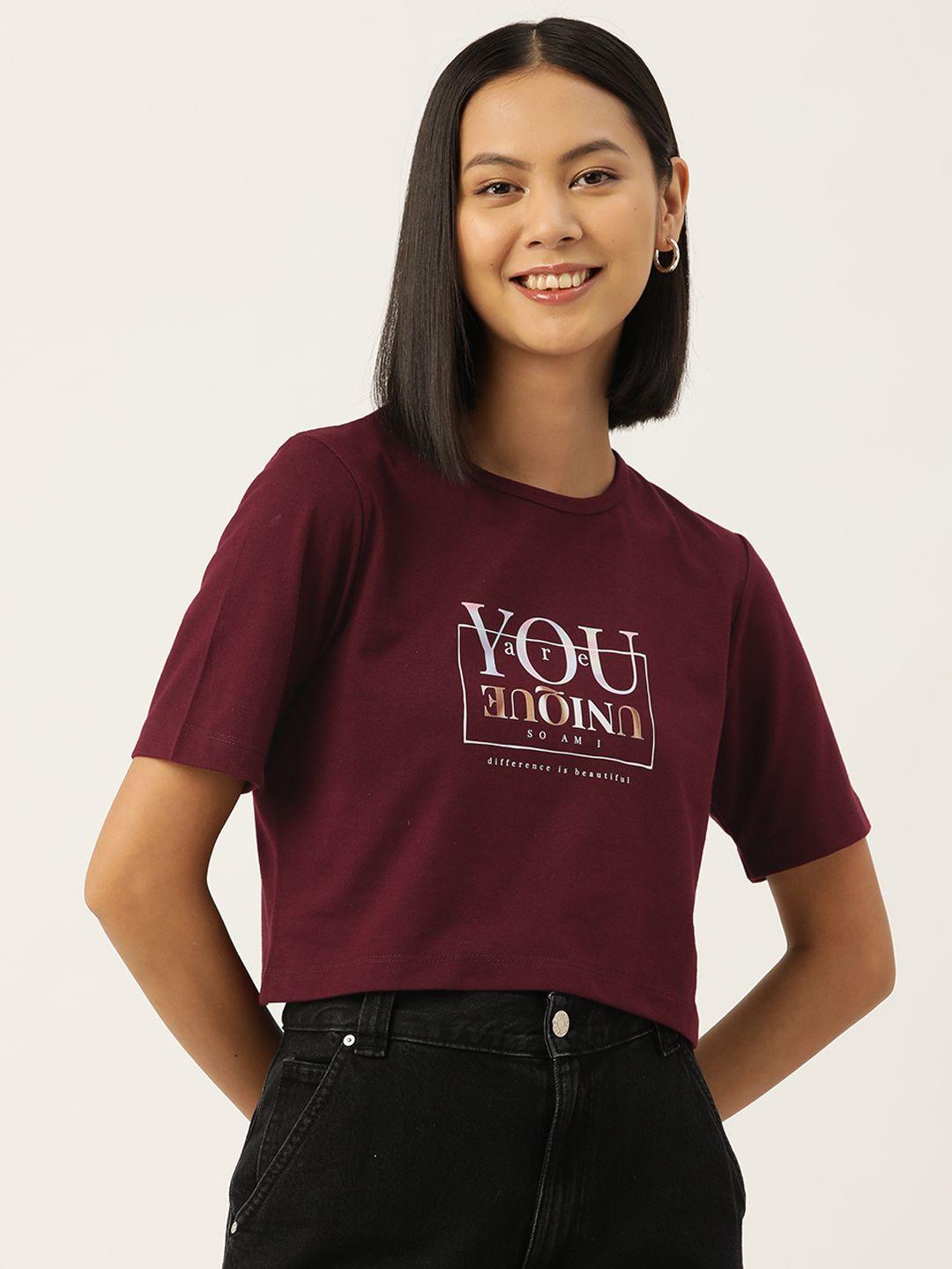 slenor women maroon printed pure cotton t-shirt