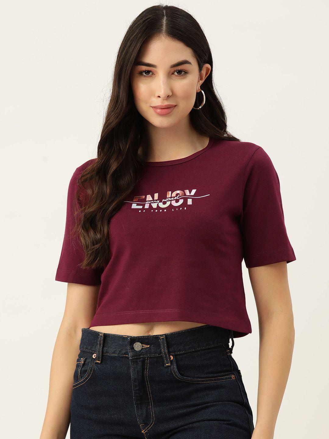 slenor women maroon printed pure cotton t-shirt