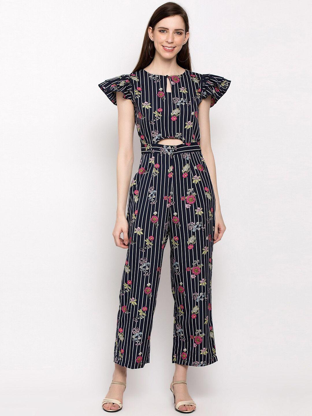 slenor women navy blue & pink printed basic jumpsuit