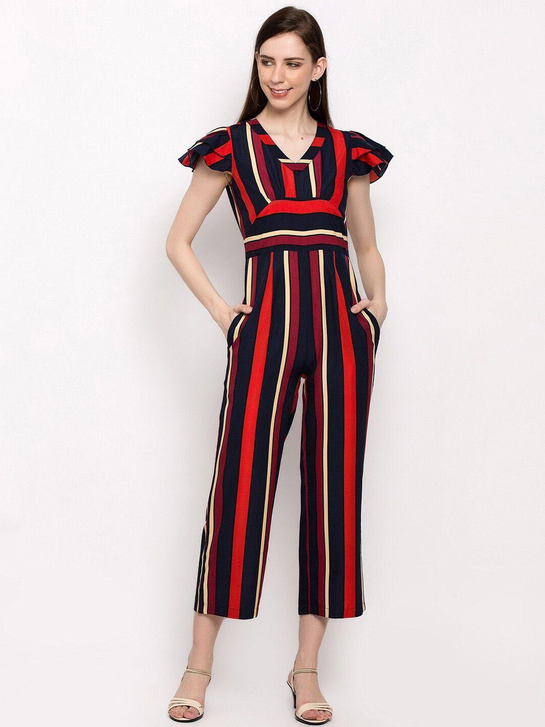 slenor women navy blue & red striped basic jumpsuit