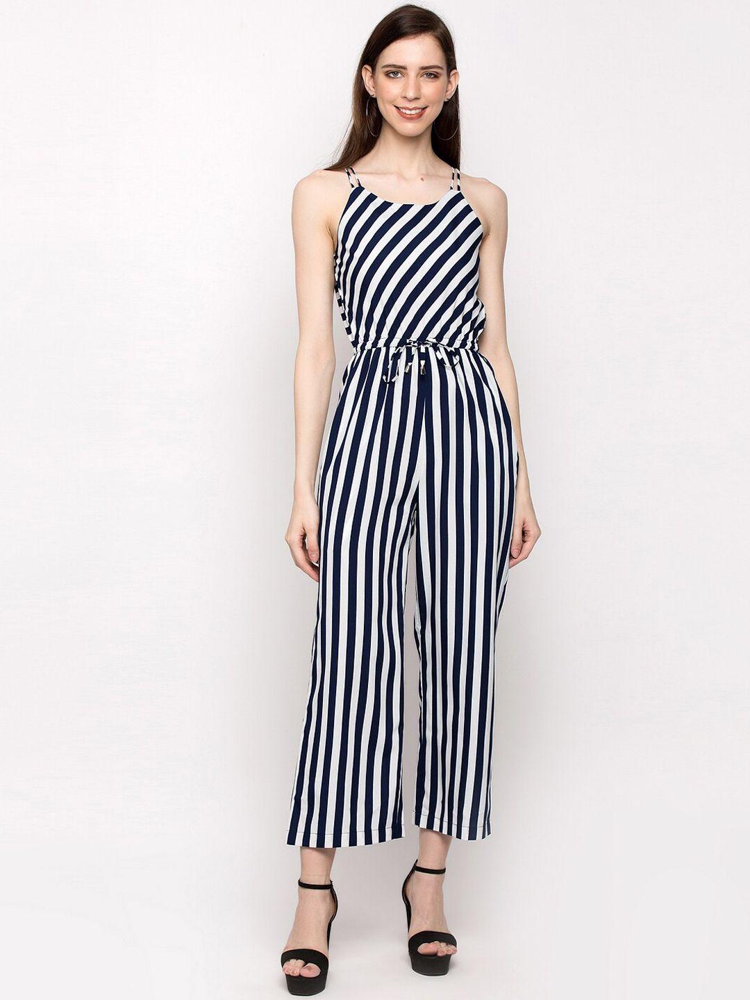 slenor women navy blue & white striped basic jumpsuit