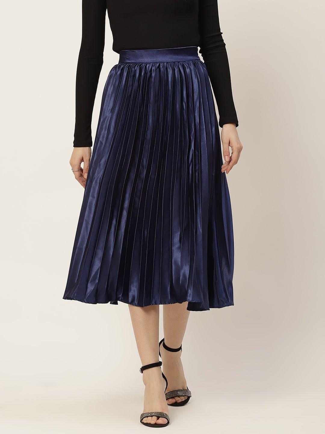 slenor women navy blue accordian pleated satin midi a-line skirt