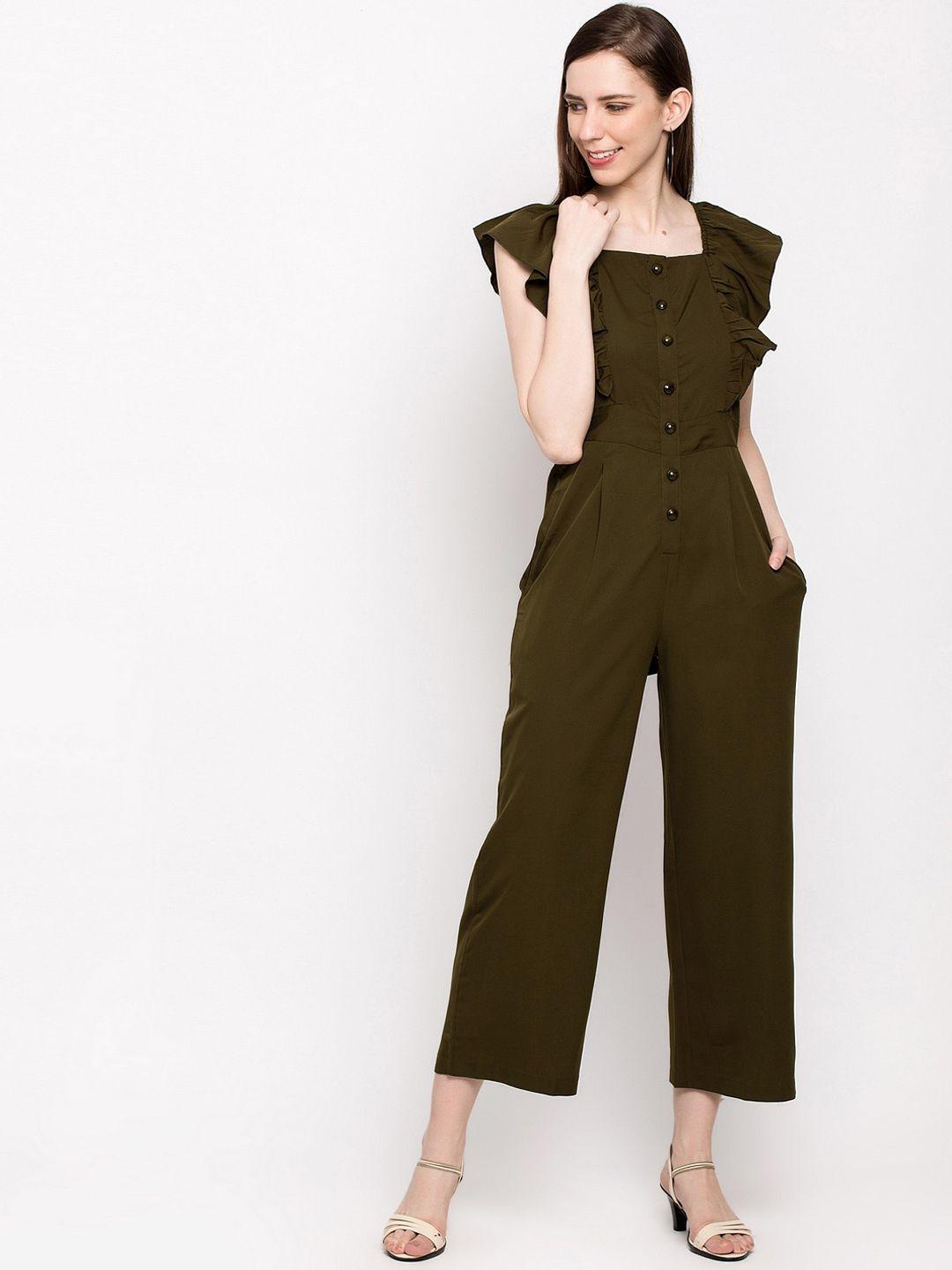 slenor women olive green solid basic jumpsuit