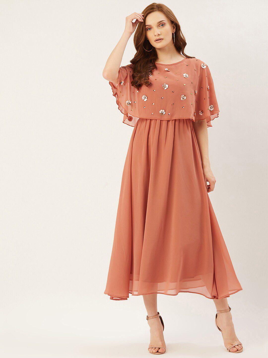 slenor women peach-coloured layered georgette midi dress