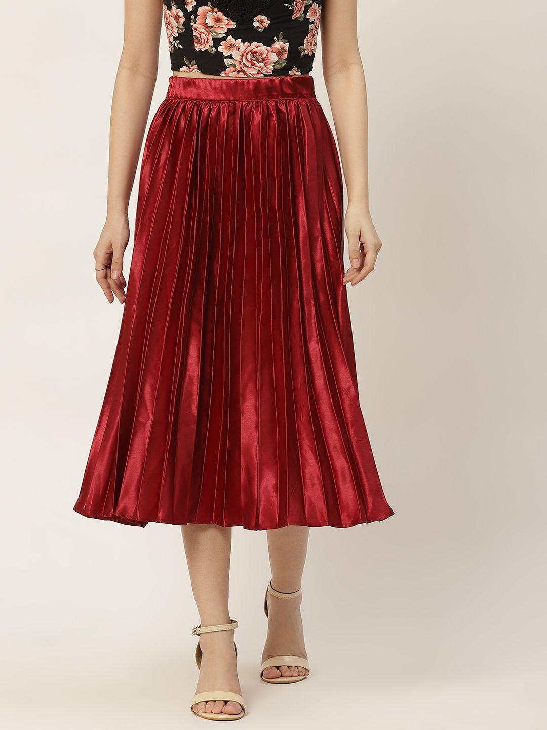 slenor women red accordian pleated satin midi a-line skirt