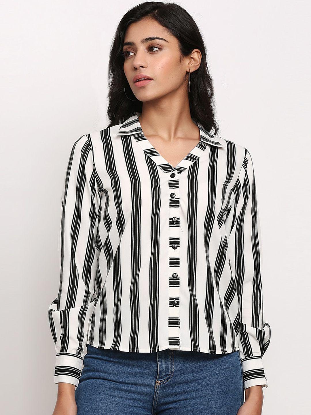 slenor women white & black regular fit striped casual shirt