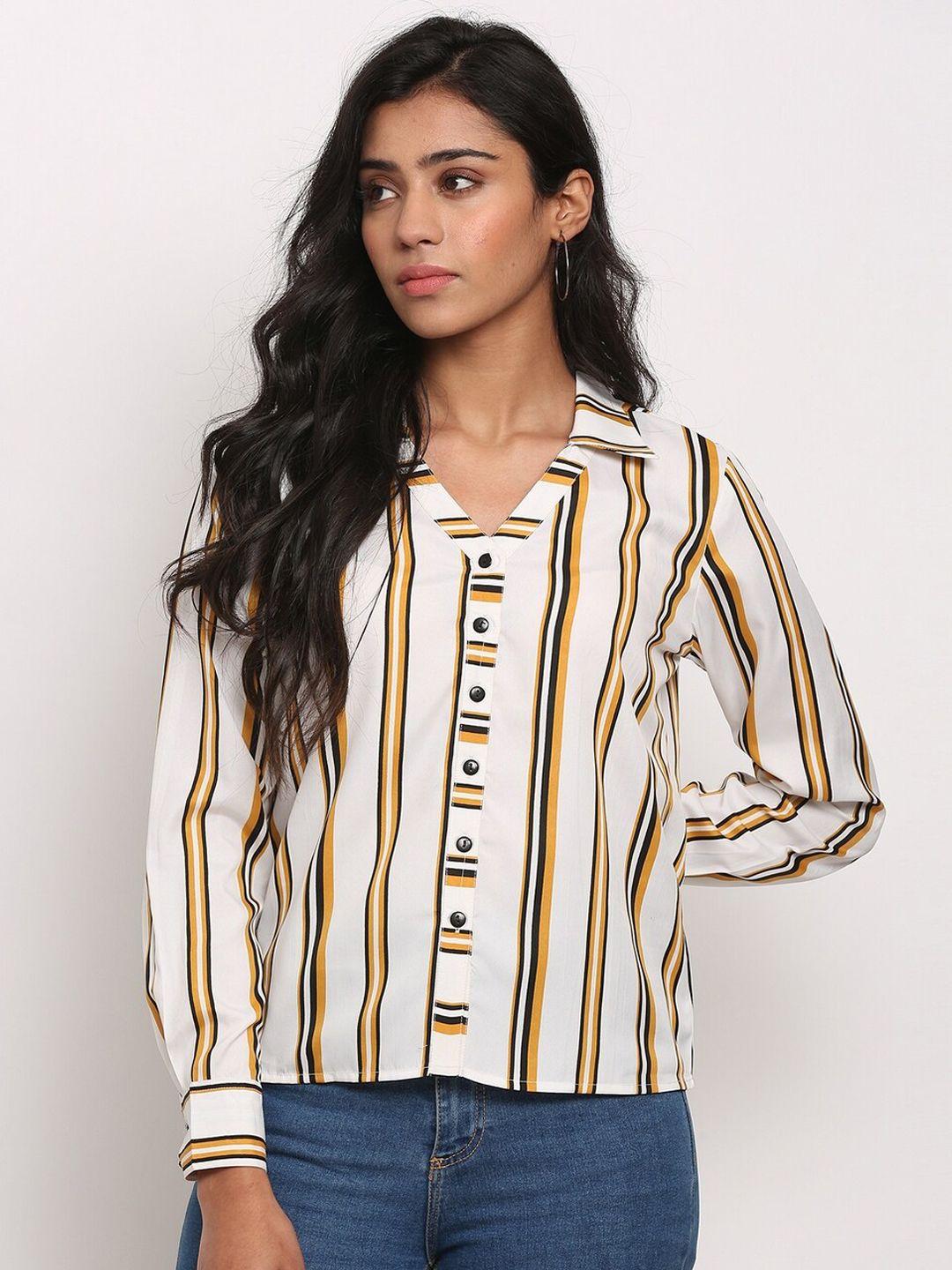slenor women white & yellow regular fit striped casual shirt