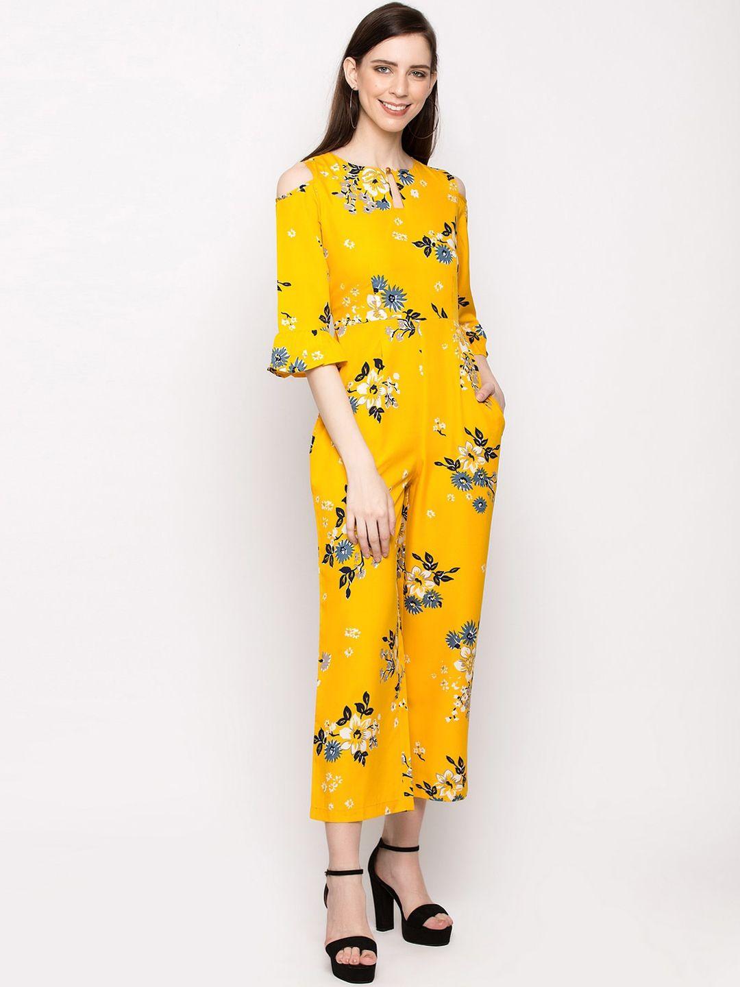 slenor women yellow & off-white printed basic jumpsuit