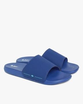 slides with brand print footbed