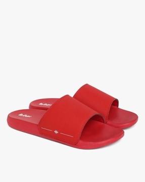 slides with brand print footbed
