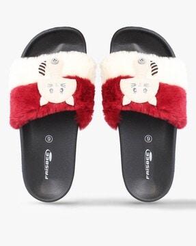 slides with faux-fur strap