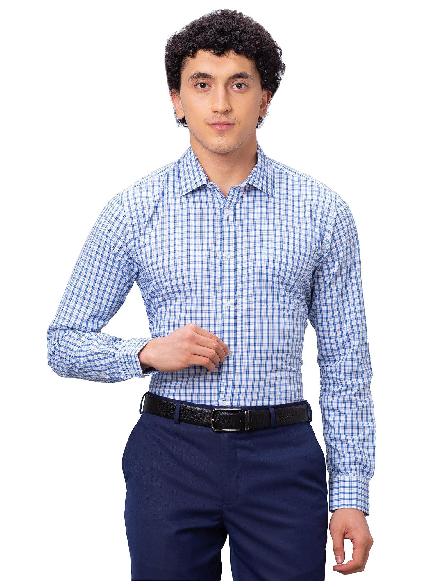 slim fit checkered medium blue shirt
