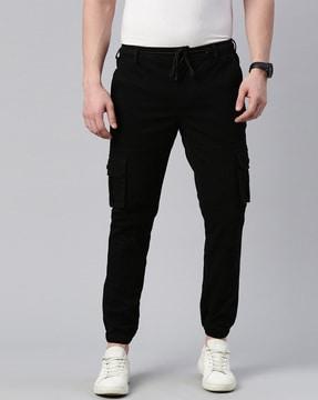slim fit flat front cargo pants with drawstring