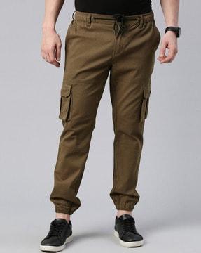 slim fit flat front cargo pants with drawstring