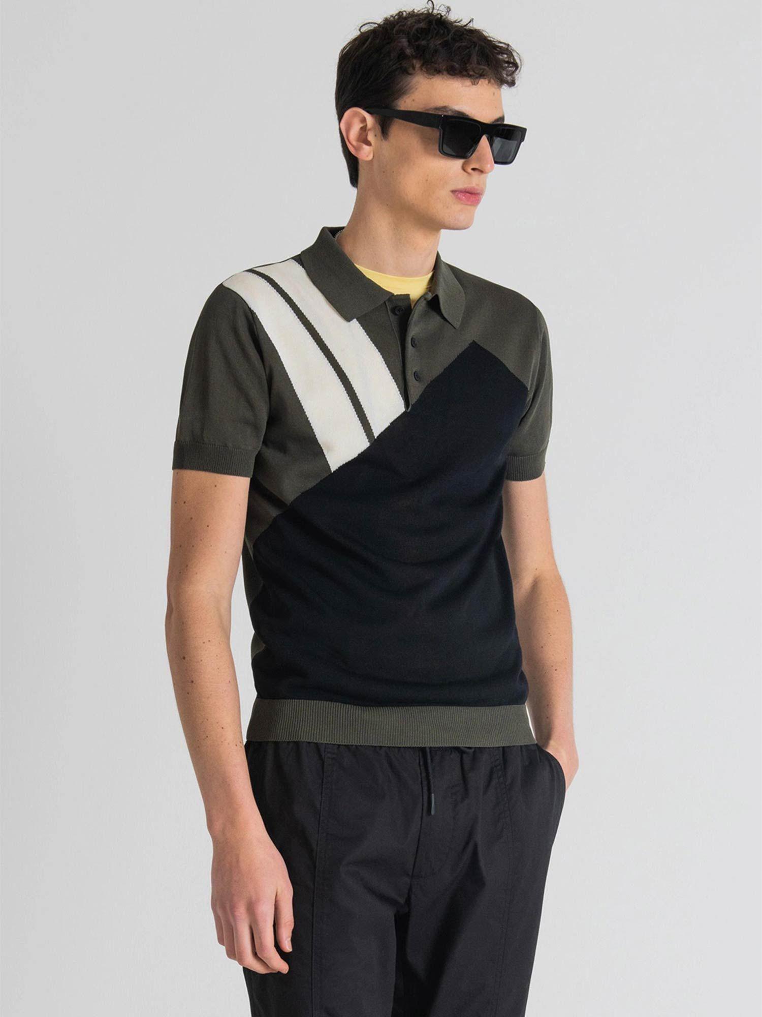 slim fit olive sweater in viscose blend yarn with colorblock jacquard pattern