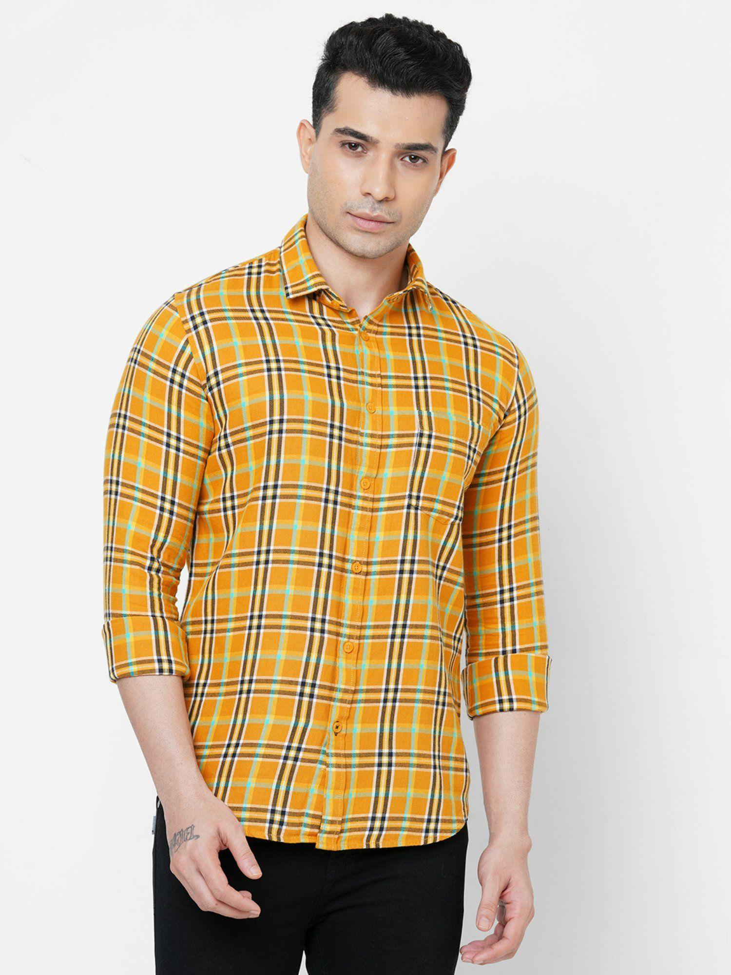 slim fit pure cotton printed spread collar casual shirt for men - orange