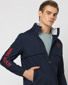 slim fit windbreaker jacket with detachable hood