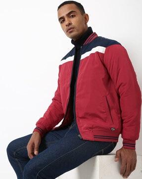 slim fit zip-front bomber jacket with contrast tipping