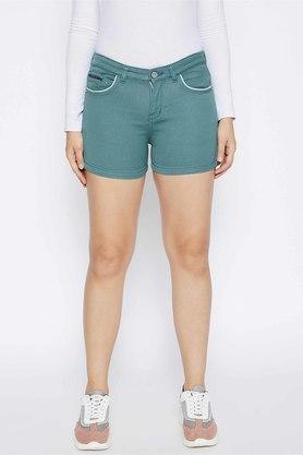 slim-mid-thigh-cotton-blend-women's-casual-wear-shorts---green