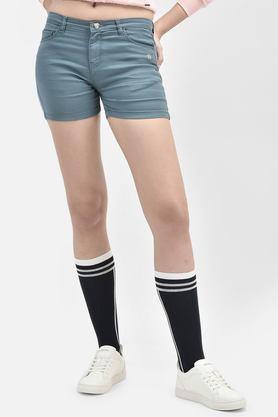 slim fit above knee blended fabric women's casual wear shorts - blue