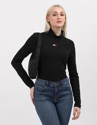 slim fit badge mock neck t-shirt