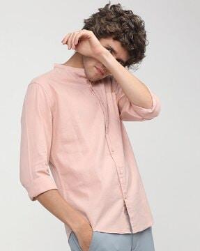 slim fit band-collar popover shirt