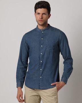 slim fit band-collar shirt with patch pocket