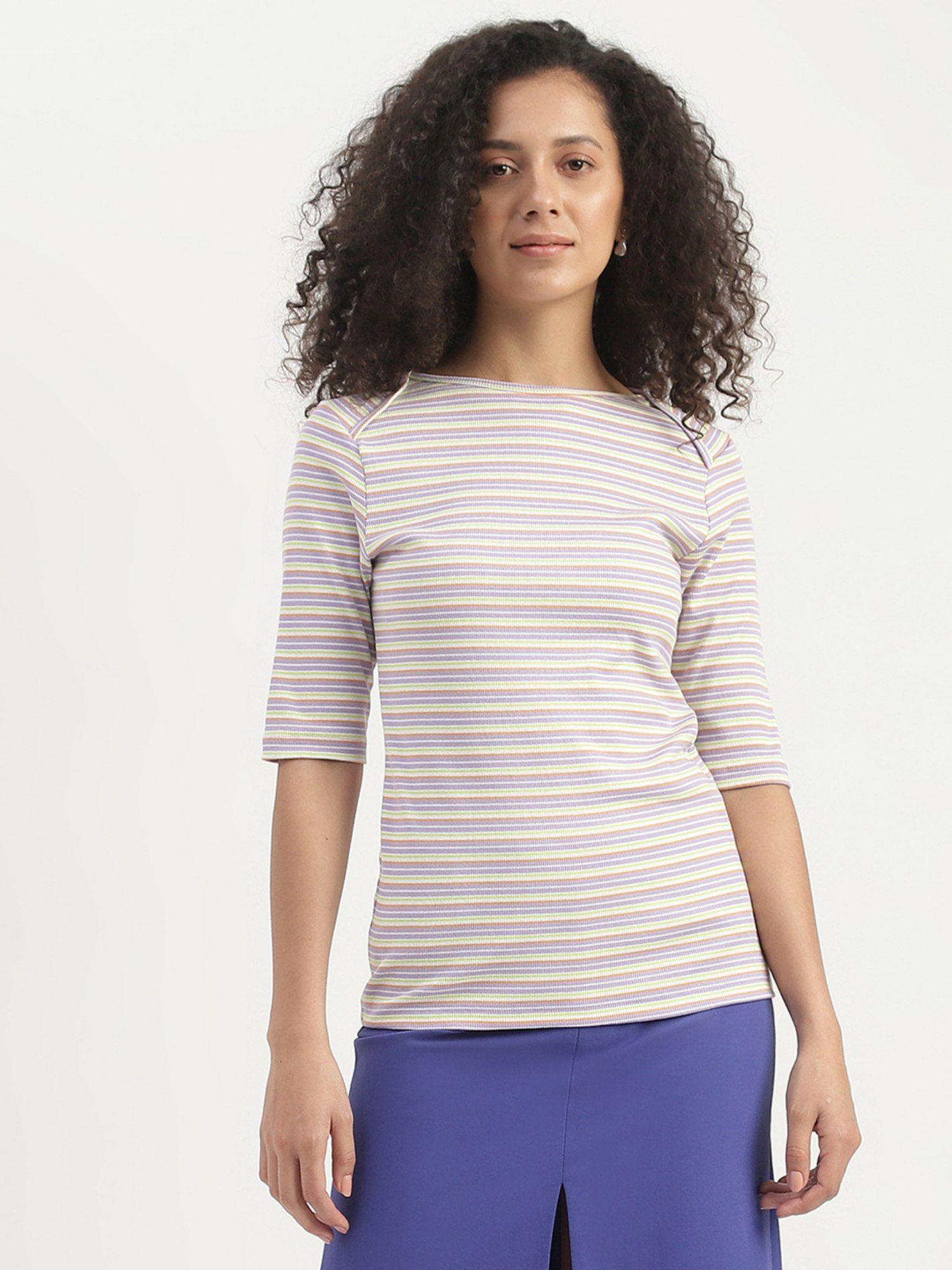 slim fit boat neck striped top multi-color