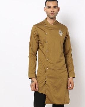 slim fit button-down kurta with mandarin collar