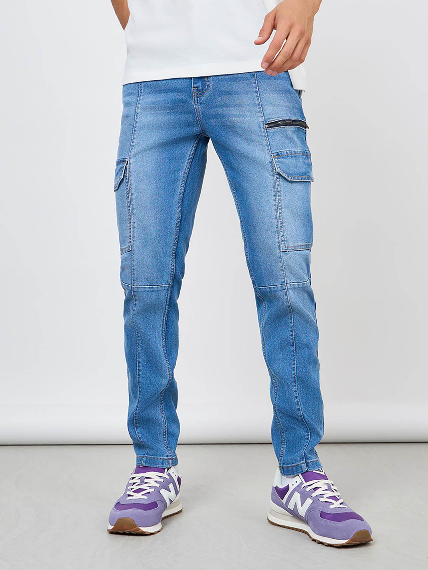 slim fit cargo jeans with panel detail blue