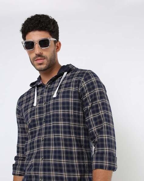 slim fit checked hooded shirt with patch pocket