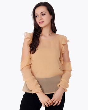 slim fit cold-shoulder top with ruffled detail