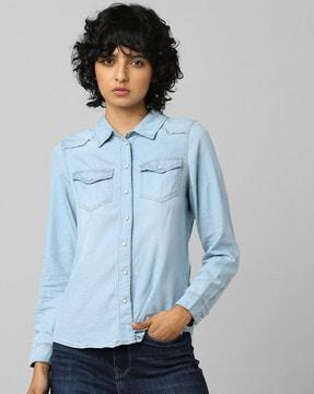 slim fit denim shirt with flap pockets