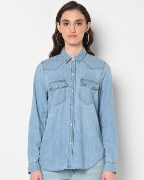 slim fit denim shirt with flap pockets