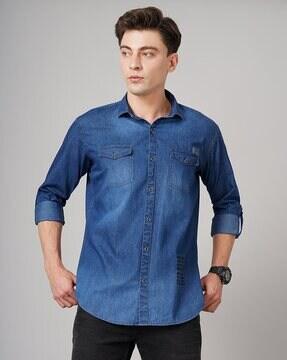 slim fit denim shirt with flap pockets