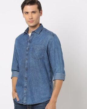 slim fit denim shirt with patch pocket